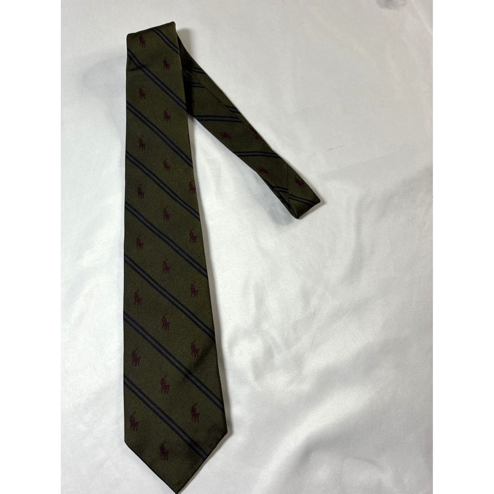 Polo Ralph Lauren Green Silk Maroon Pony Logo Striped Neck Tie Made in Italy